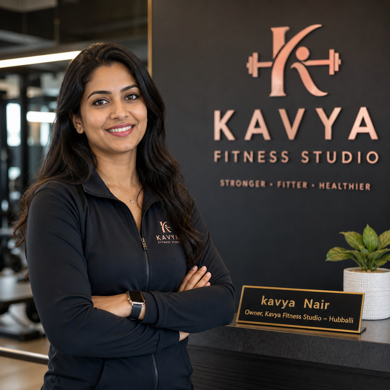 The image shows a confident woman standing inside a modern fitness studio. She is smiling warmly with her arms crossed, wearing a black athletic zip-up jacket that has the studio’s logo on it. Behind her, there is a stylish wall with the branding “Kavya Fitness Studio” along with a logo and the tagline “Stronger • Fitter • Healthier.” On the reception desk beside her, there is a nameplate that reads “Kavya Nair – Owner, Kavya Fitness Studio – Hubballi.” The environment looks clean, professional, and well-lit, with gym equipment visible in the background, giving a strong impression of a premium fitness space. The overall image reflects confidence, professionalism, and a focus on health and fitness.